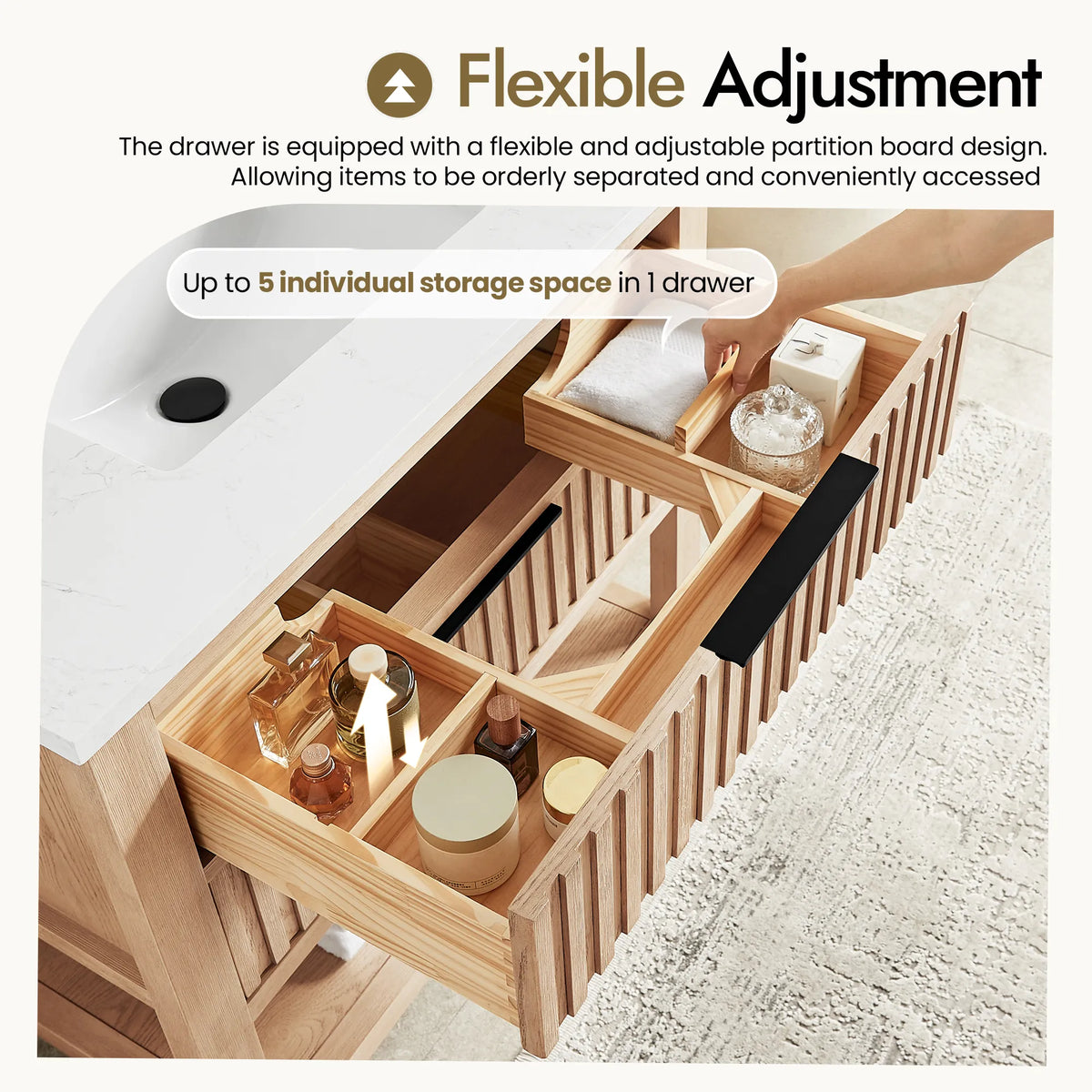 Movable partition inside a 36-inch Aged Natural Oak vanity drawer, sorting items into as many as 5 compartments
