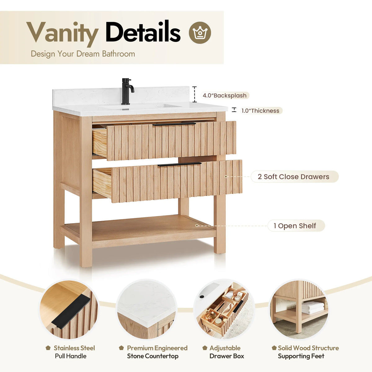 Parts diagram for the 36-inch Aged Natural Oak cabinet covering drawer boxes and the open shelf