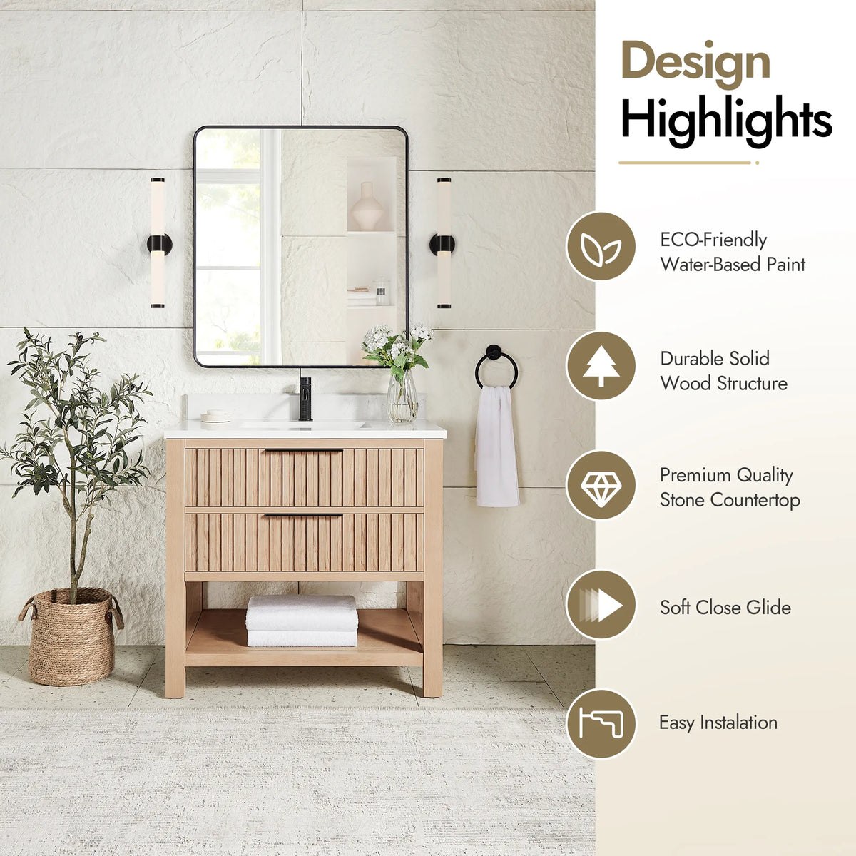 Highlights panel for the 36-inch Aged Natural Oak vanity: eco-friendly paint and a solid wood build