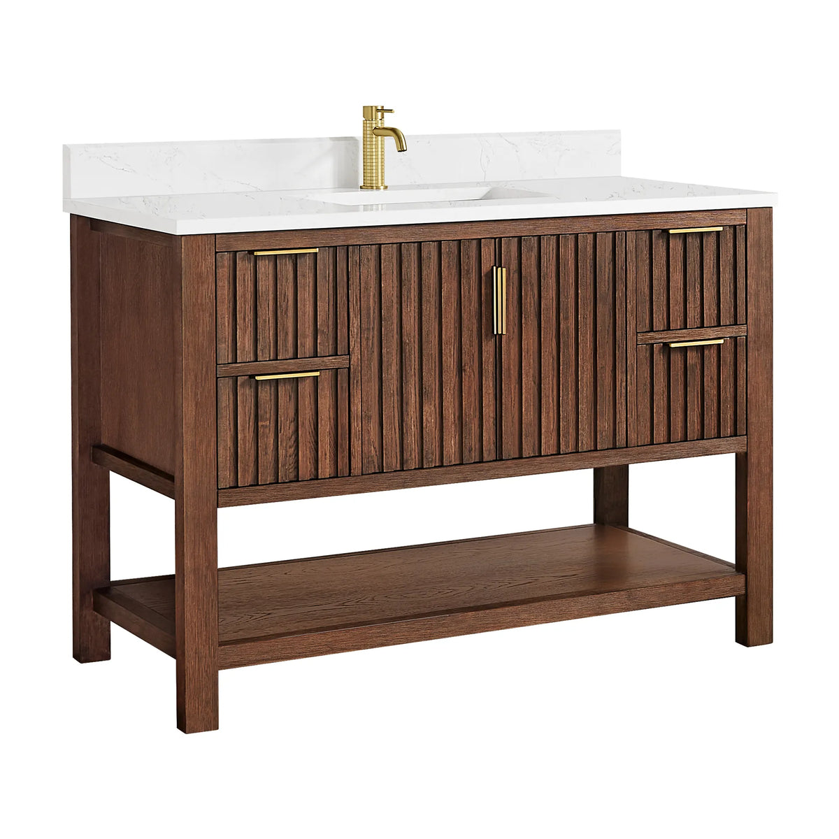 Faucet pictured is not included: 48-inch Aged Dark Brown Oak vanity, a door section flanked by drawers, shelf below