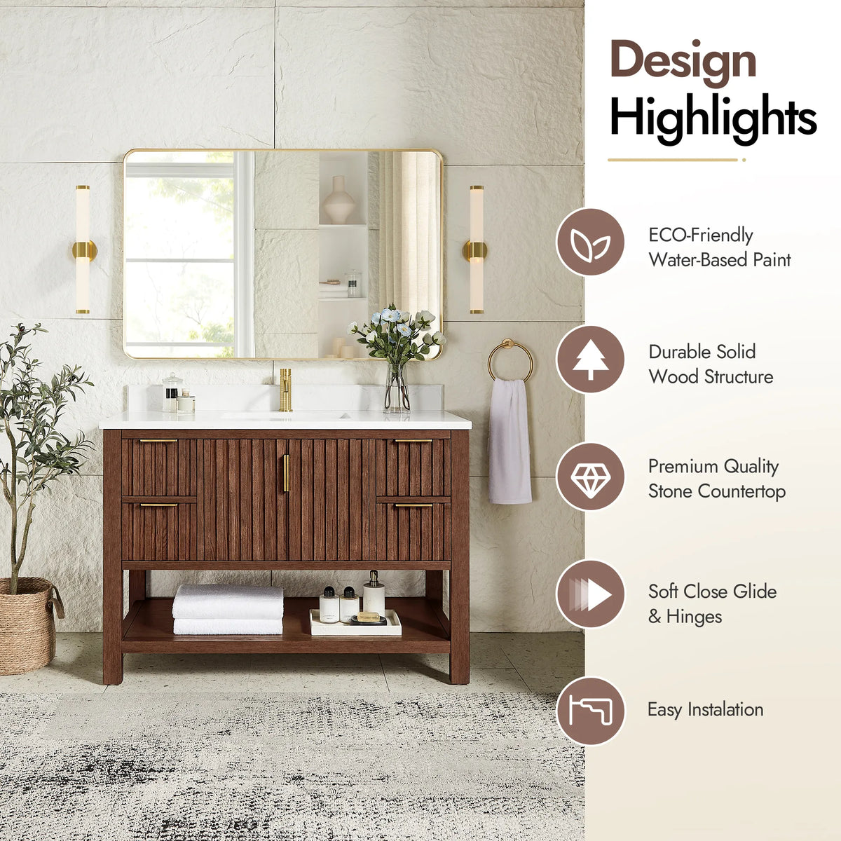Styled bathroom with a list of design highlights next to the 48-inch Aged Dark Brown Oak cabinet