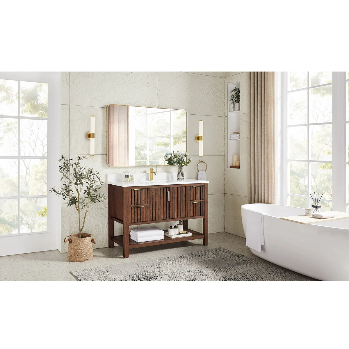 Bathroom with a soaking tub and large windows around the 48-inch Aged Dark Brown Oak vanity with an open lower shelf