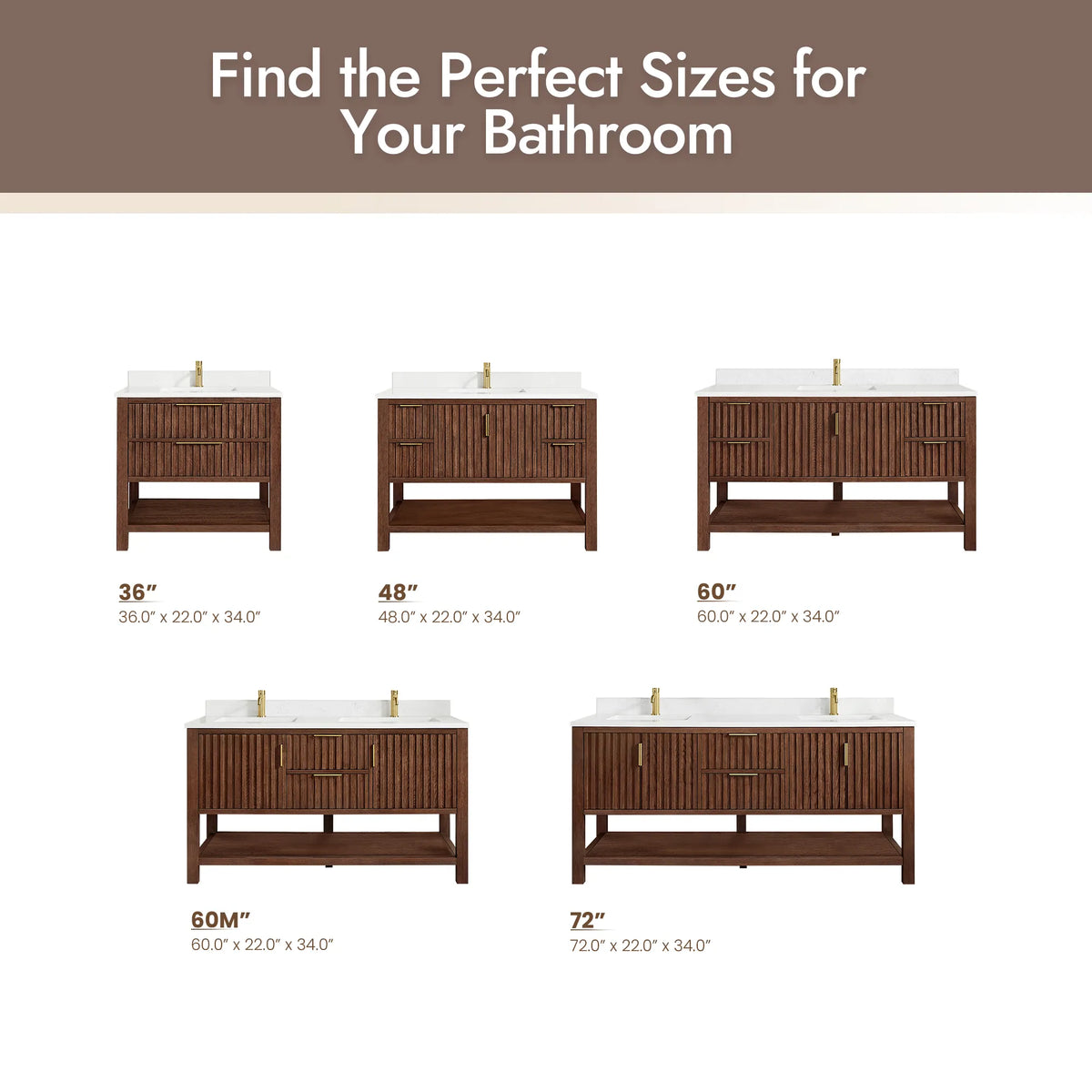 Size guide with the line's vanities in two rows, each labeled with its width, including this 48-inch size