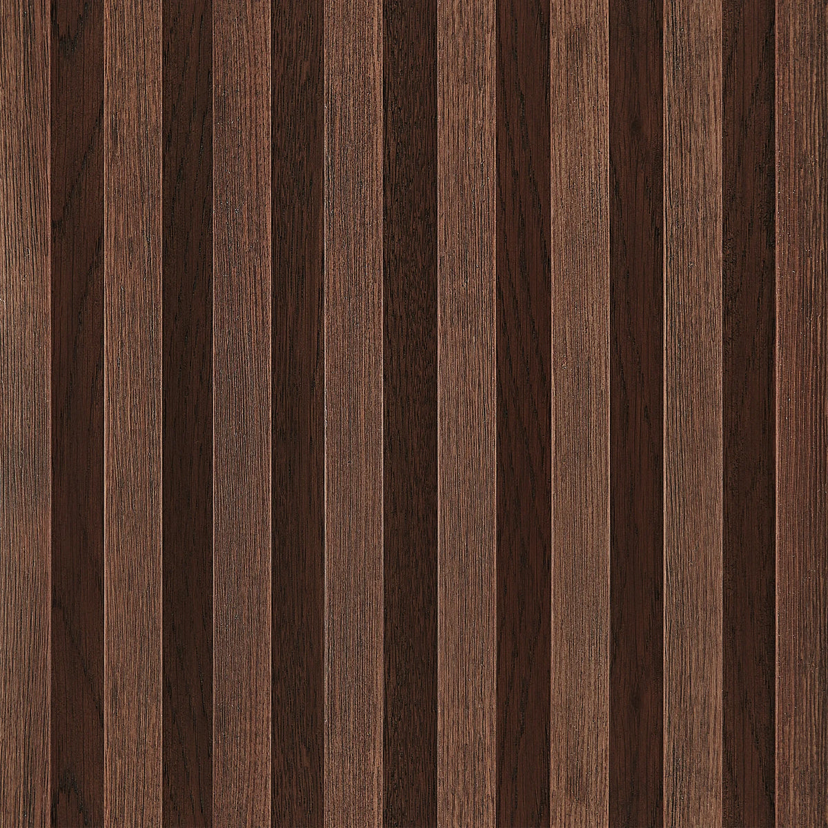 Ridged vertical slats up close: Aged Dark Brown Oak grain on a 48-inch cabinet front