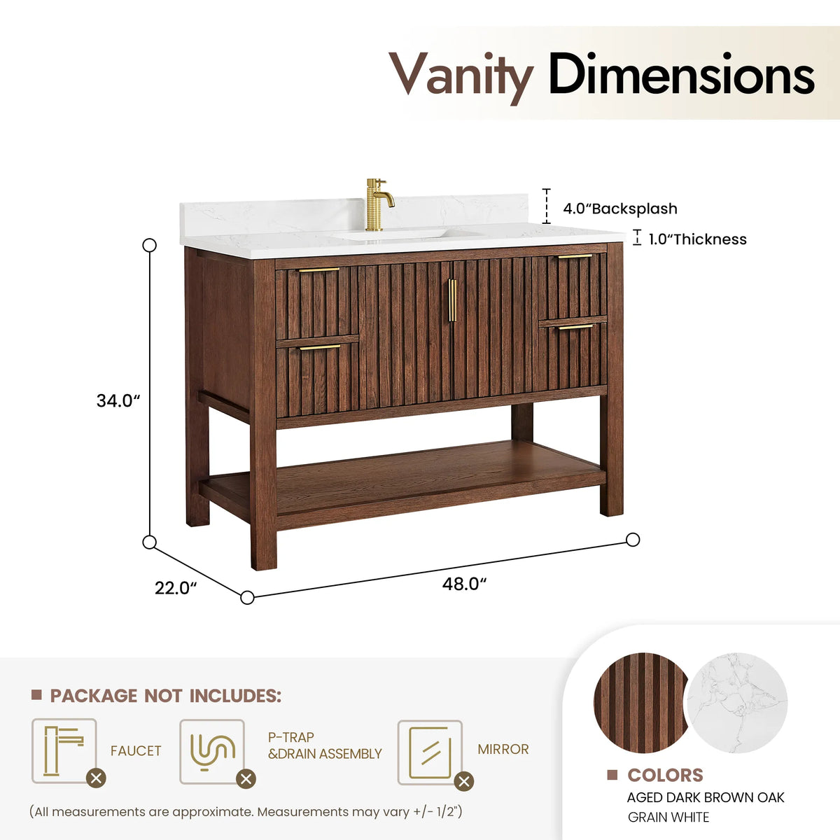 Size diagram for the 48-inch Aged Dark Brown Oak cabinet: 48 by 22 by 34 inches (plumbing parts and mirror not included)