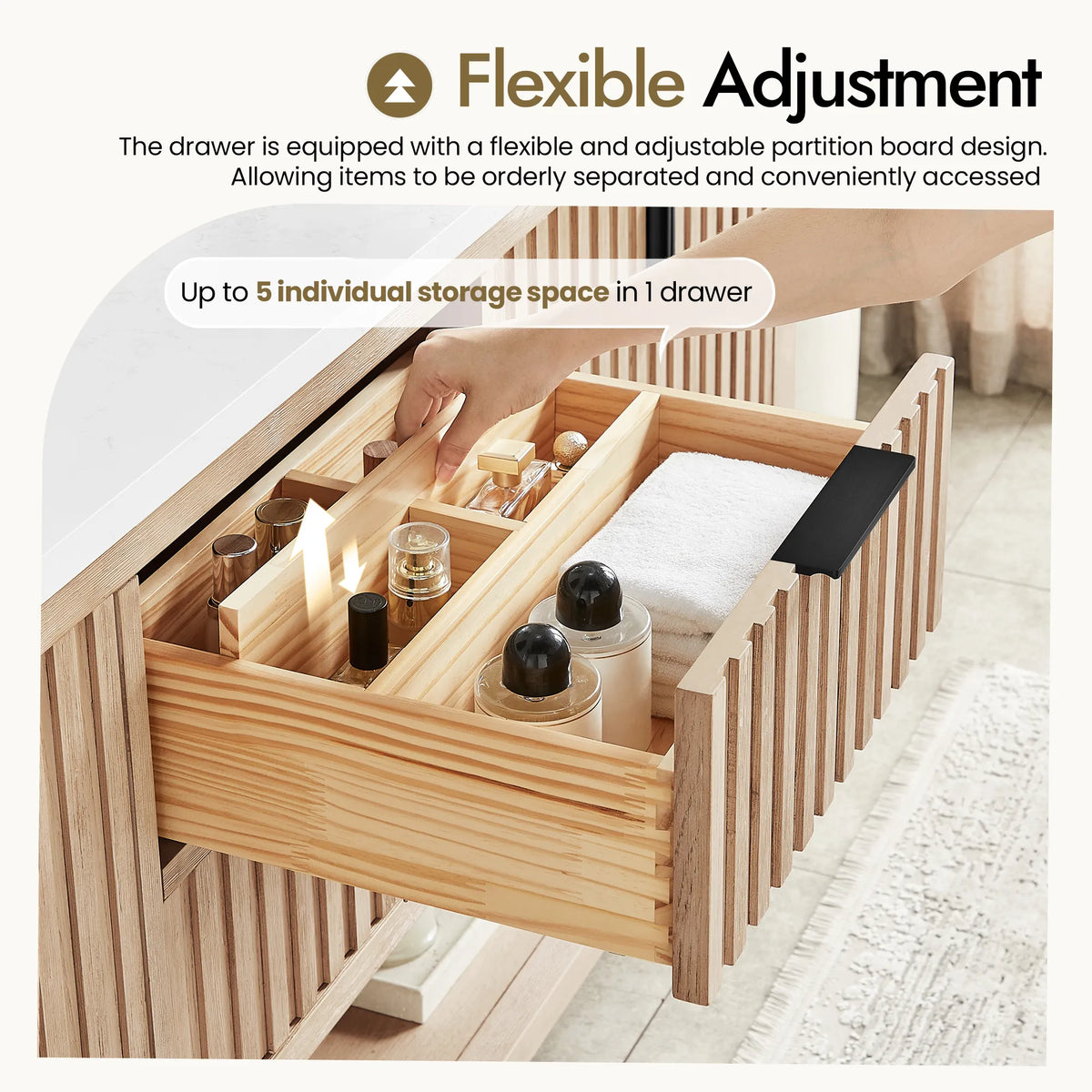 Hand arranging items in a drawer fitted with a movable partition, 48-inch Aged Natural Oak cabinet