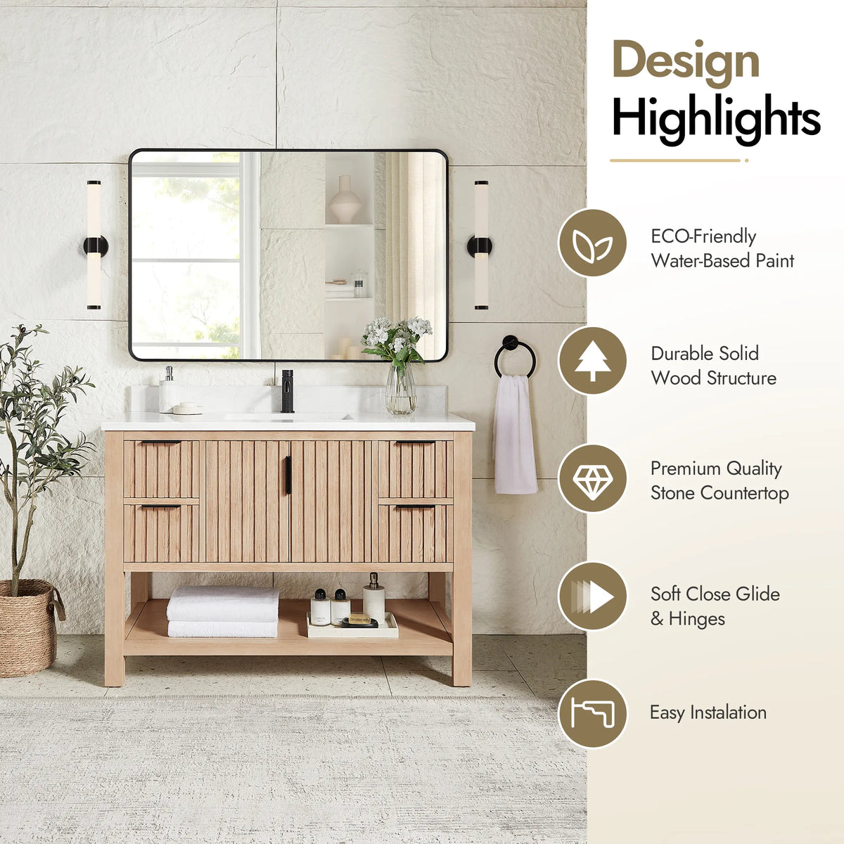Styled bathroom with a list of design highlights next to the 48-inch Aged Natural Oak cabinet