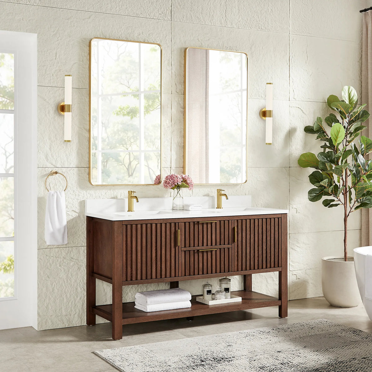 Second angle: 60-inch cabinet in Aged Dark Brown Oak with two rectangular mirrors in gold frames and a plant