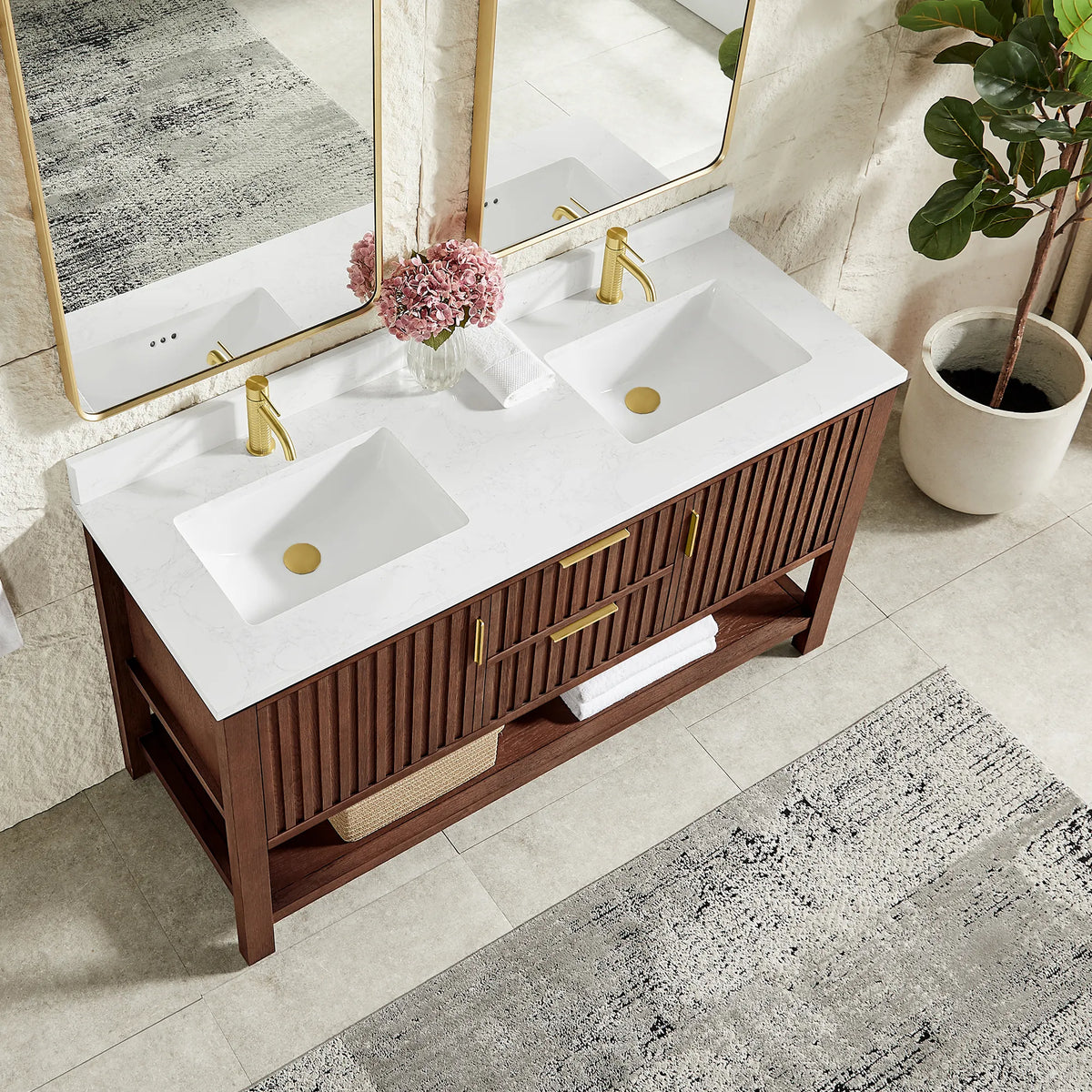Countertop close view of a 60-inch Aged Dark Brown Oak vanity with a double sink top in white composite stone