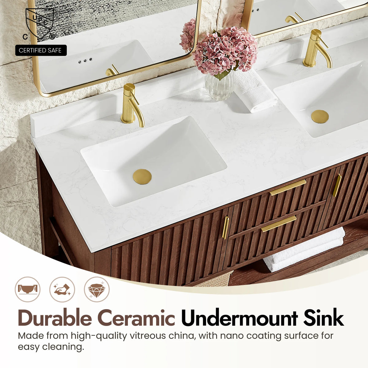 Ceramic basin with an easy-clean nano coating on the 60-inch Aged Dark Brown Oak double cabinet