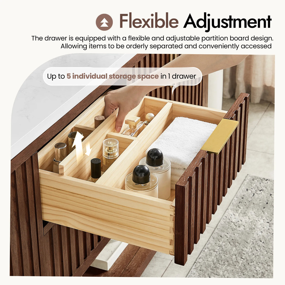 Hand arranging items in a drawer fitted with a movable partition, 60-inch Aged Dark Brown Oak double cabinet