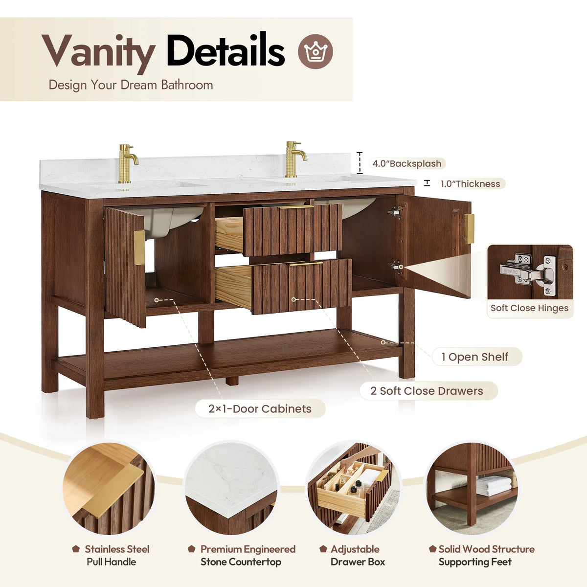 Measured callouts on a 60-inch Aged Dark Brown Oak cabinet: backsplash 4.0 in, top 1.0 in, plus the open shelf