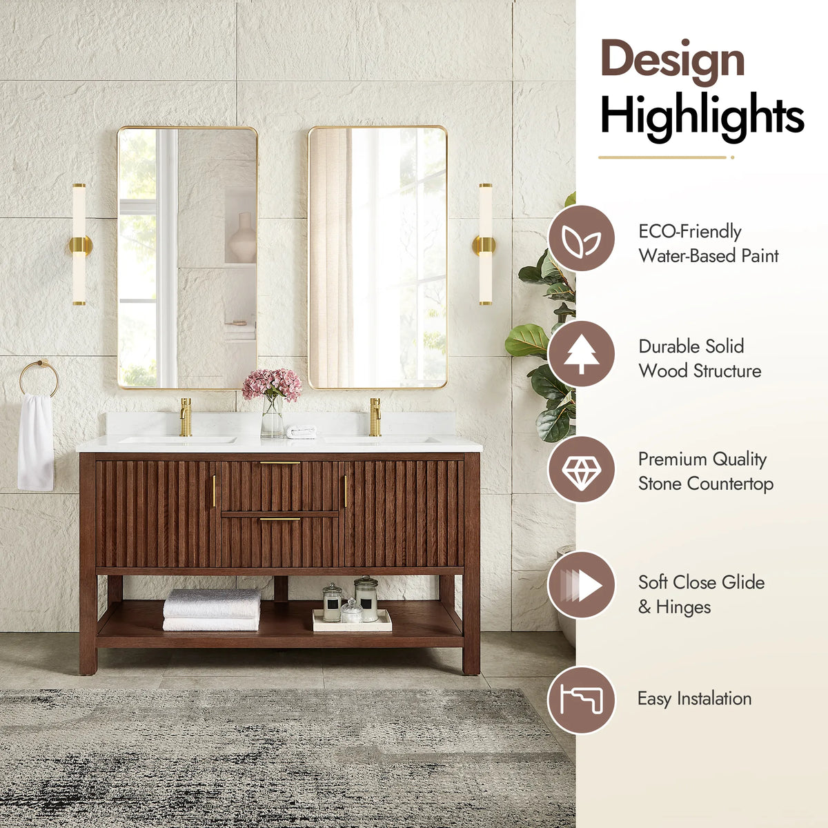 Highlights panel for the 60-inch Aged Dark Brown Oak double vanity: eco-friendly paint and a solid wood build