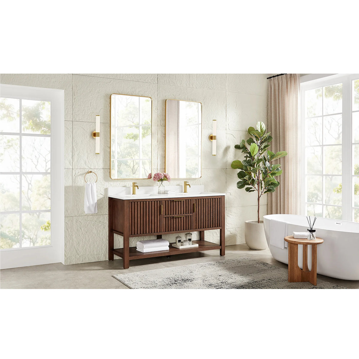 Bathroom with a soaking tub and large windows around the 60-inch Aged Dark Brown Oak vanity with an open lower shelf