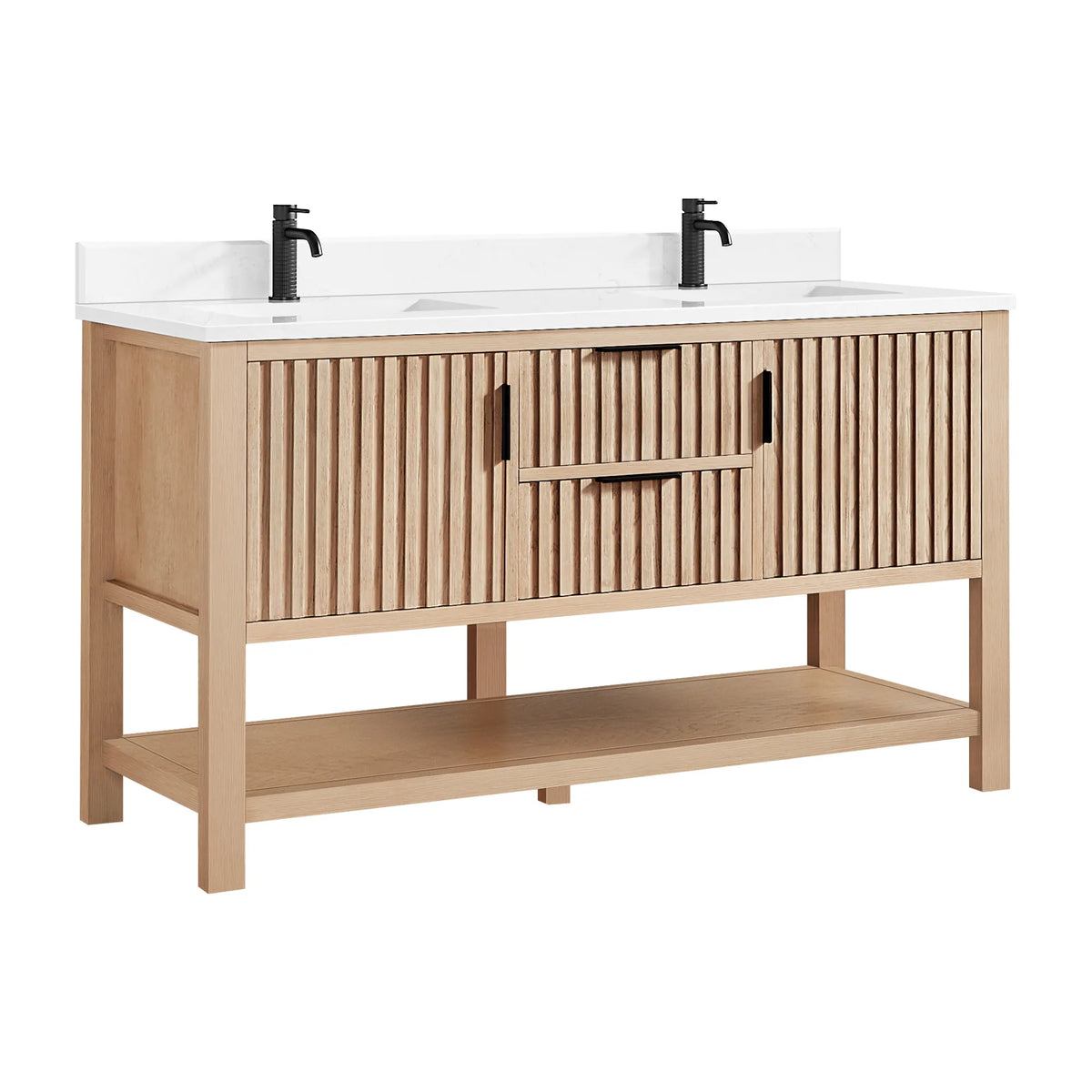 Faucet pictured is not included: 60-inch Aged Natural Oak vanity, a drawer stack between doors, open shelf below