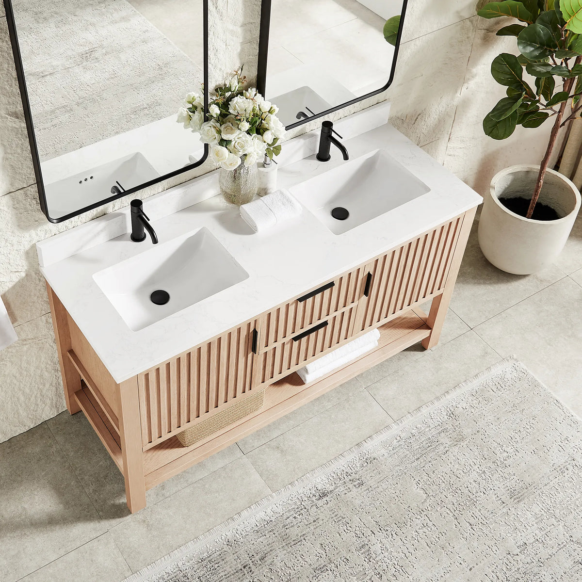 Countertop close view of a 60-inch Aged Natural Oak vanity with a double sink top in white composite stone