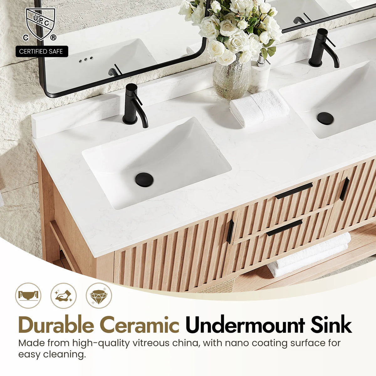 Ceramic basin with an easy-clean nano coating on the 60-inch Aged Natural Oak double cabinet