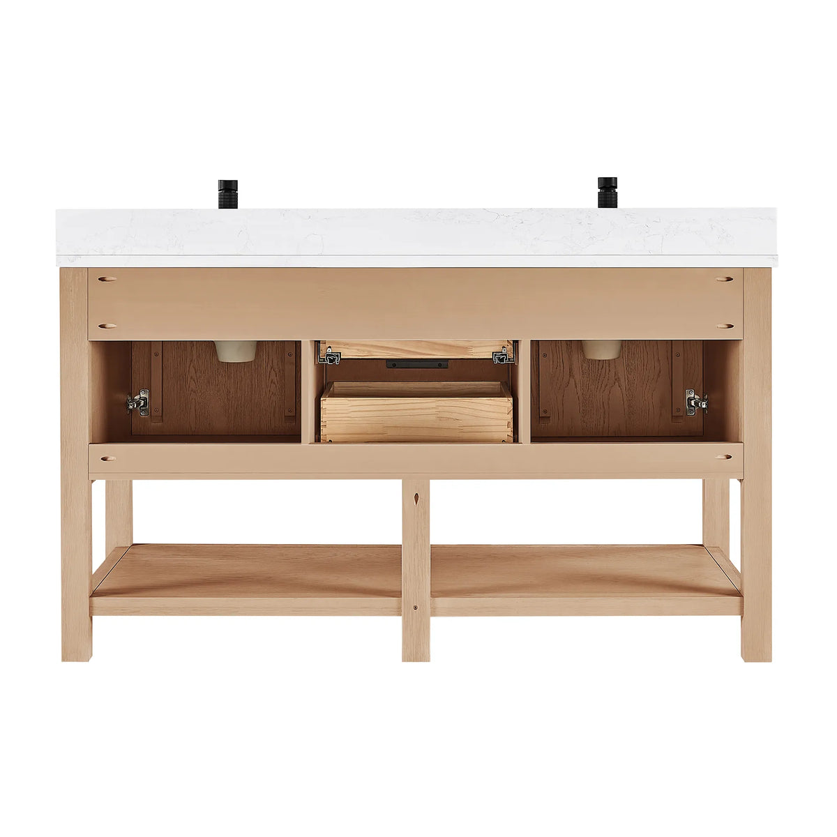 Open-front studio shot: drawer boxes and cabinet space of the 60-inch Aged Natural Oak double vanity