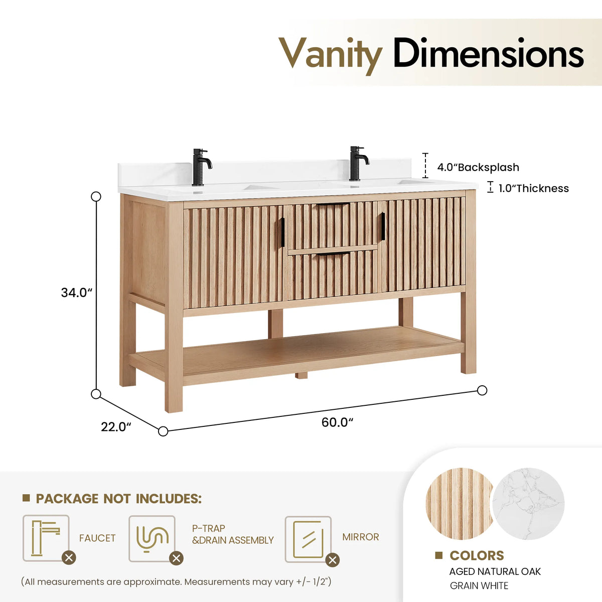 Size diagram for the 60-inch Aged Natural Oak cabinet: 60 by 22 by 34 inches (plumbing parts and mirrors not included)