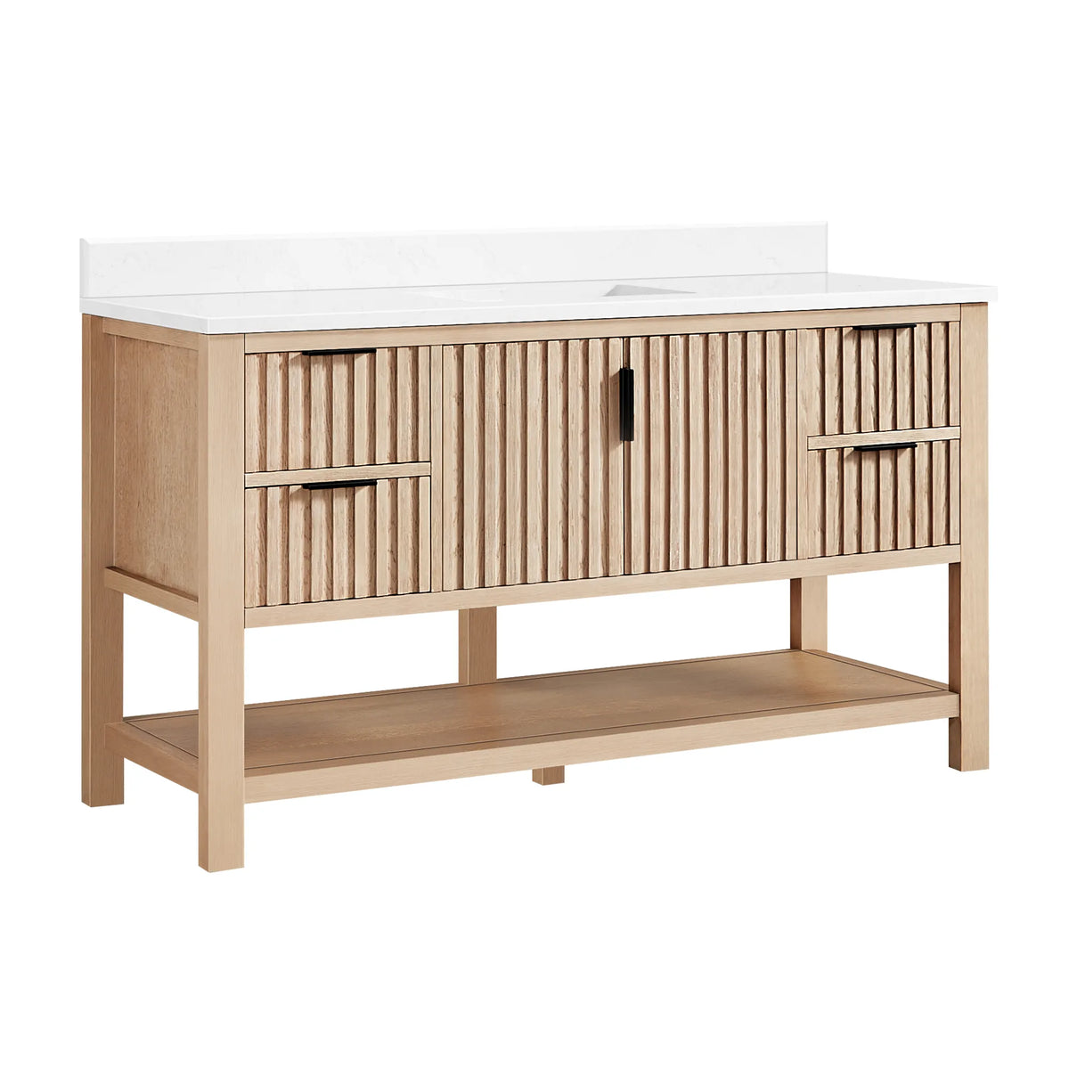 Plain white backdrop behind a 60-inch single bathroom vanity: Aged Natural Oak cabinet, white composite stone countertop