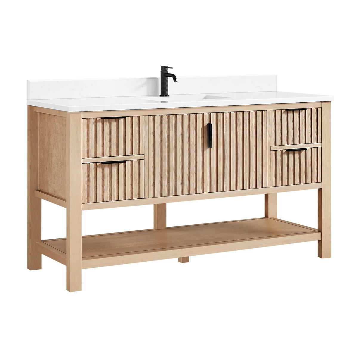 Faucet pictured is not included: 60-inch Aged Natural Oak vanity, a door section flanked by drawers, shelf below