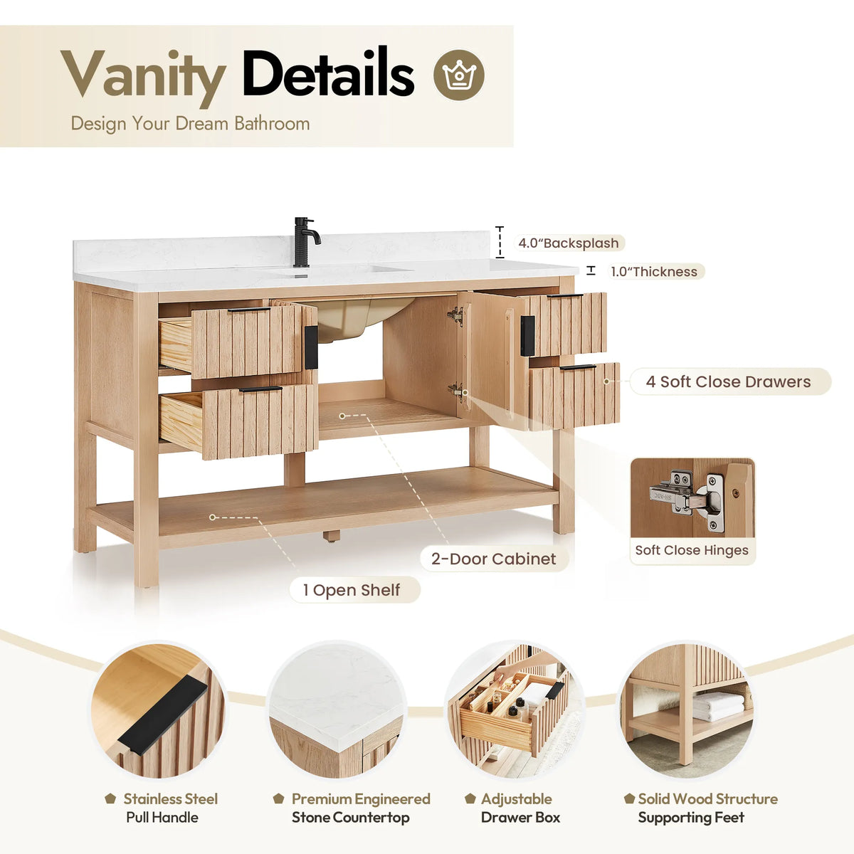 Parts diagram for the 60-inch Aged Natural Oak single cabinet covering drawer boxes and the open shelf