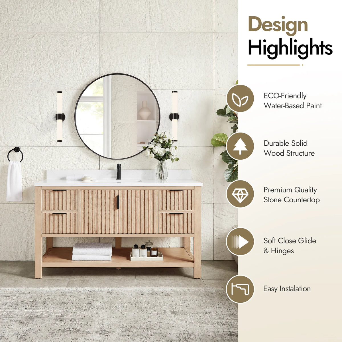 Highlights panel for the 60-inch Aged Natural Oak single vanity: eco-friendly paint and a solid wood build