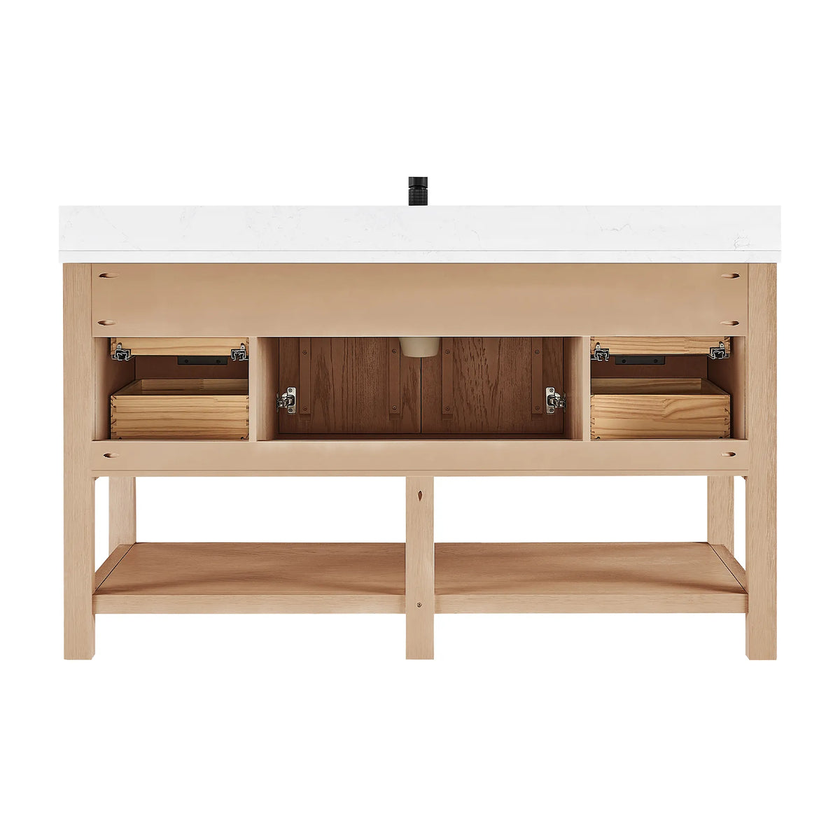 Interior of a 60-inch single cabinet in Aged Natural Oak against white, drawer boxes and open compartments
