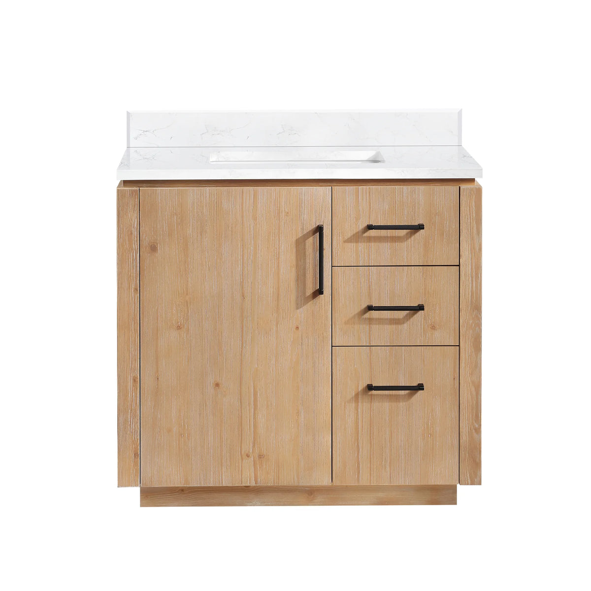 Front view of a Fir Wood Brown 36 inch single bathroom vanity on a white background, stone top and wood base