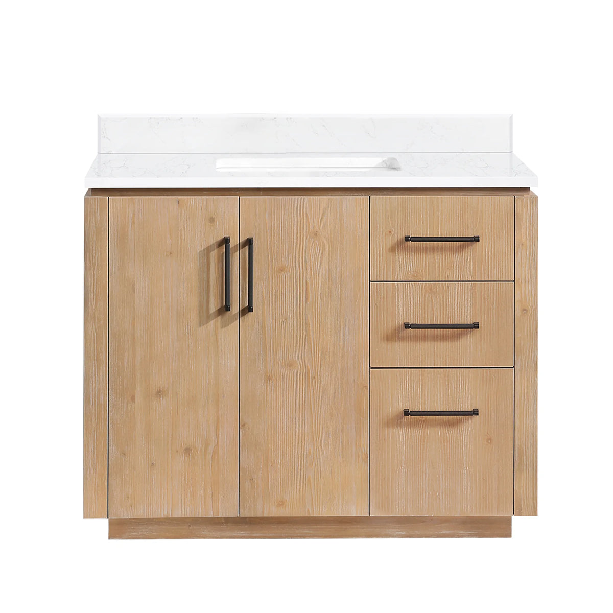 Fir Wood Brown 42 inch single bathroom vanity on white, front view, white grain composite top and black pulls