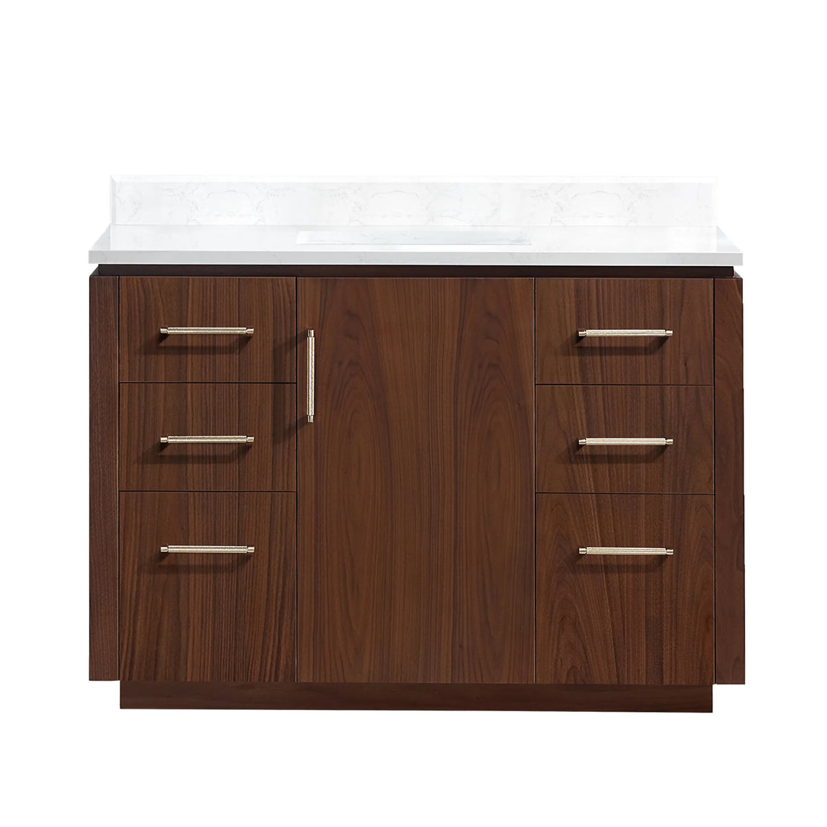 Front view of a 48 inch Natural Walnut single bathroom vanity with white grain composite stone top