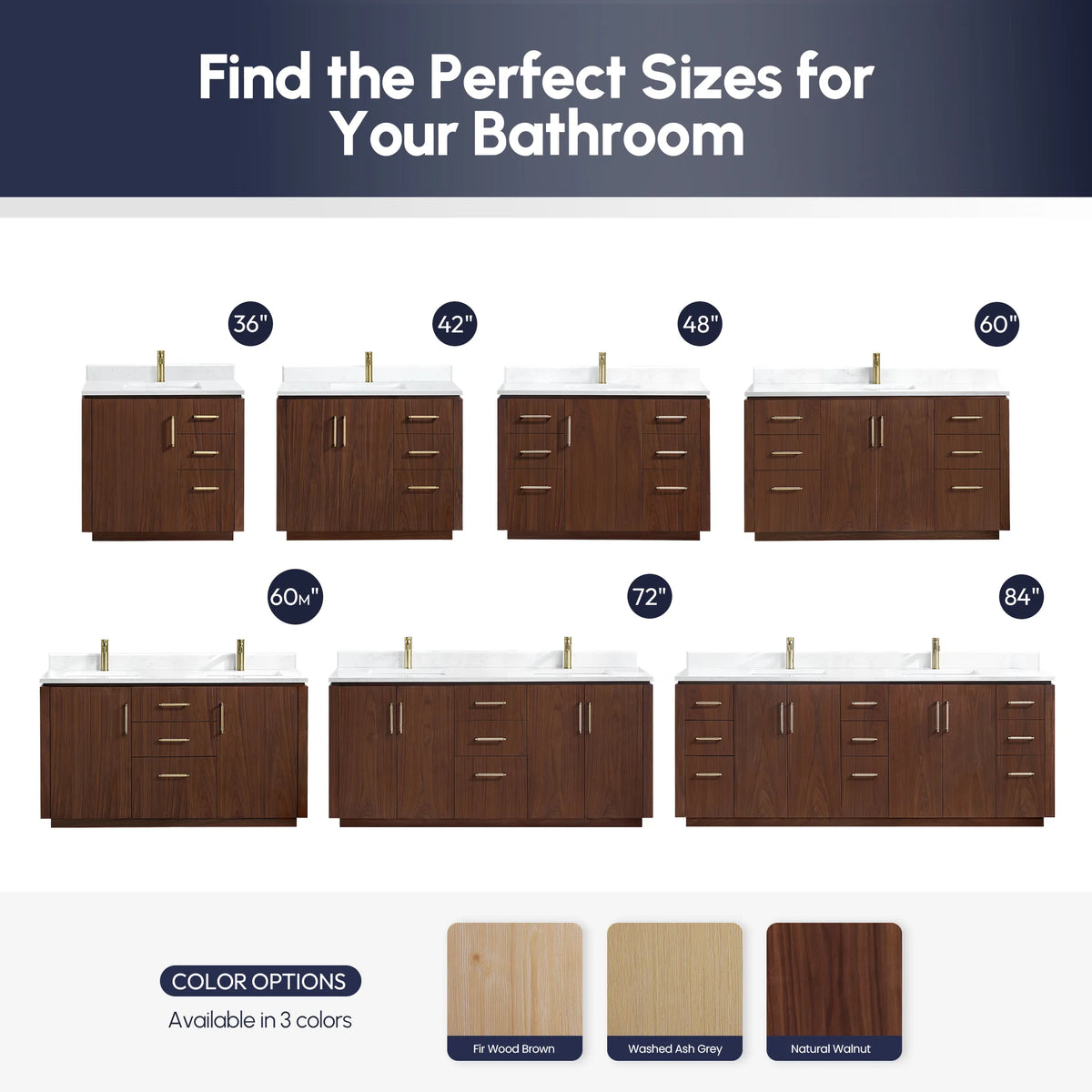 Infographic showing the range of vanity sizes and finish options in the line
