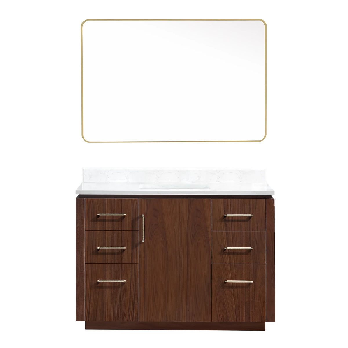 Front view of the 48 inch vanity with mirror, Natural Walnut finish, white background