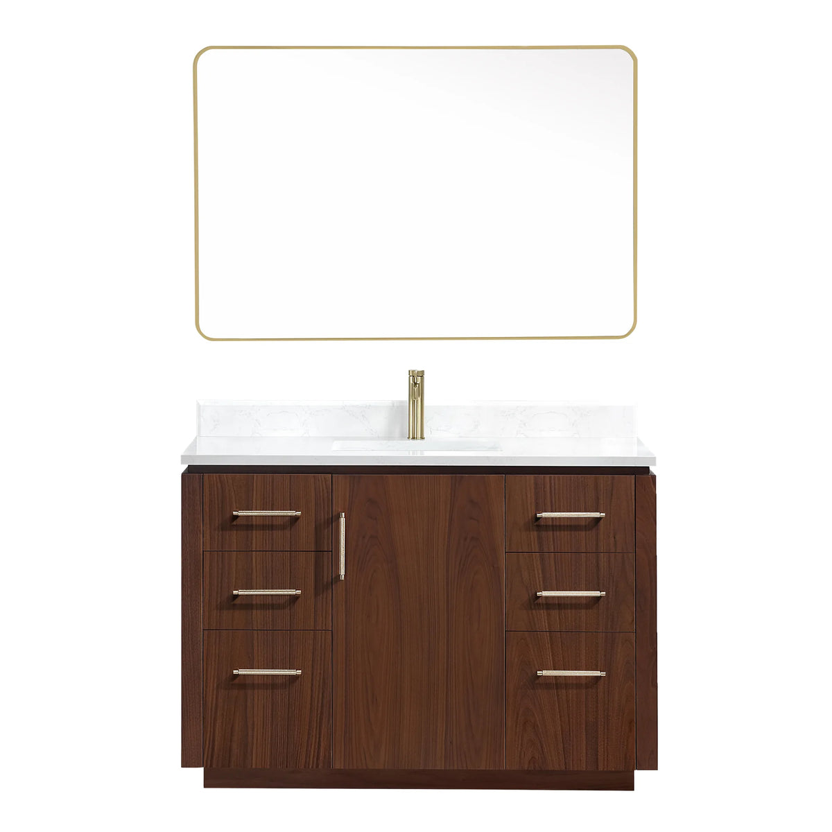 Studio shot of the vanity with mirror, walnut cabinet and white grain composite stone top