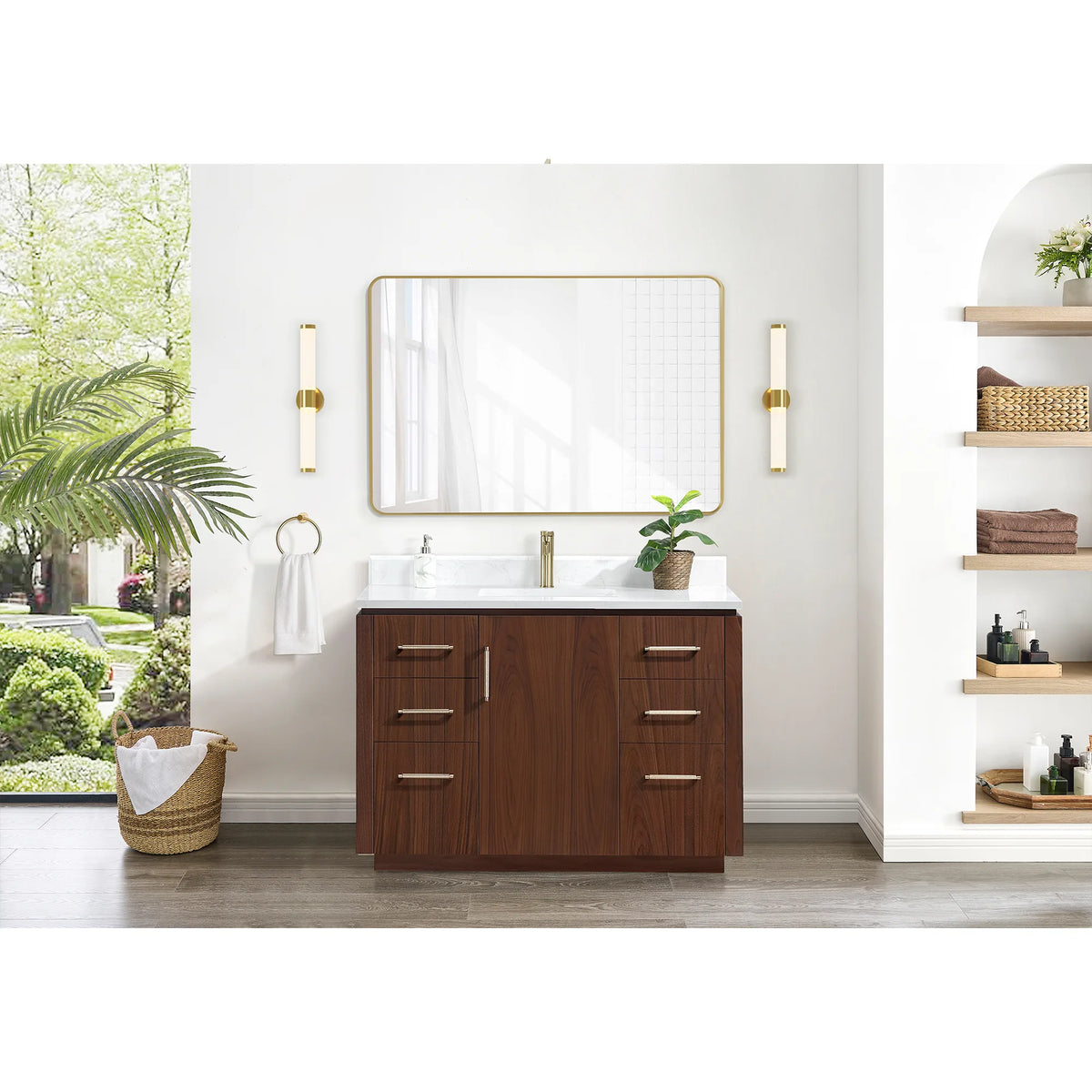 Room scene with the 48 inch vanity, wide mirror, wall lights, towel ring, a unit at right and a basket