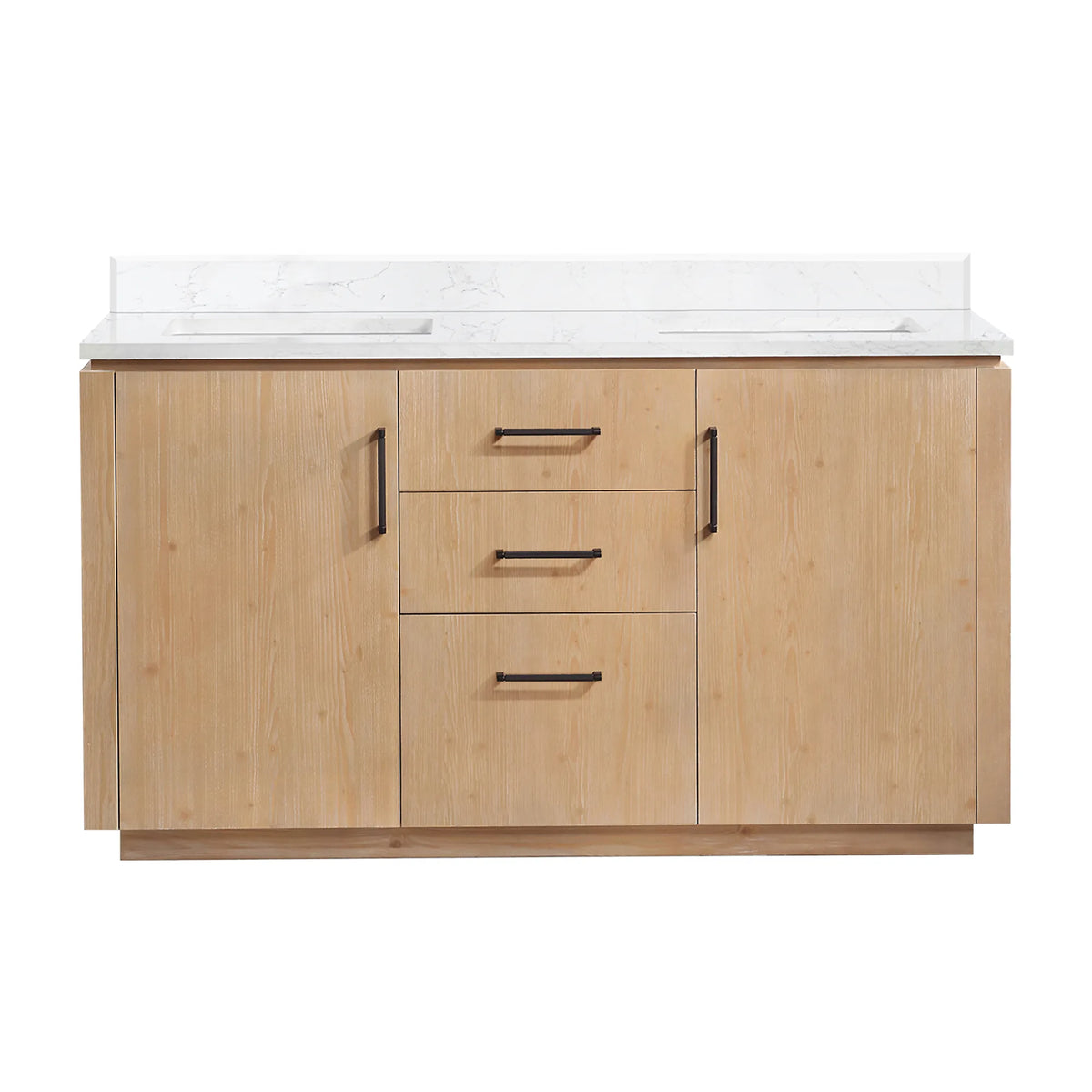 Front view of a Fir Wood Brown 60 inch double bathroom vanity on white with Matte Black pulls and a plinth base