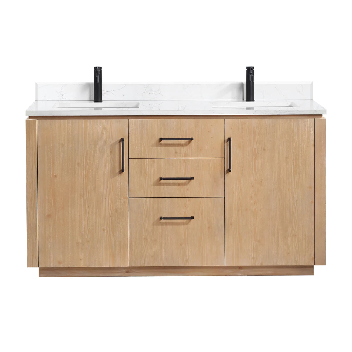 Studio front view on white of the 60 inch double vanity, center drawers with a door at each side