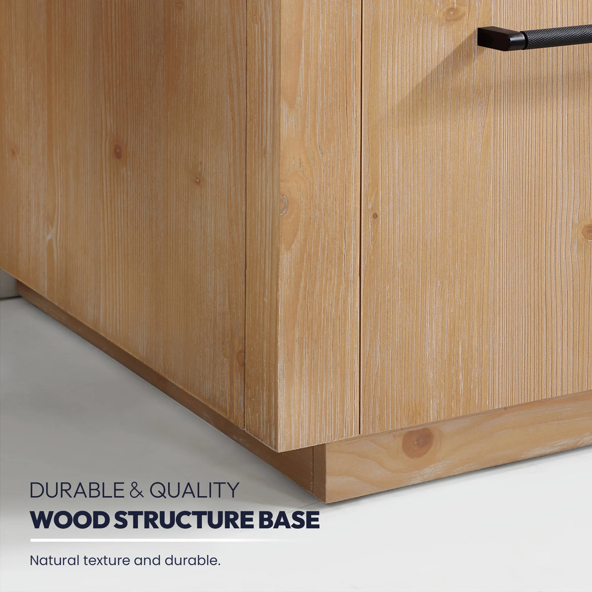 Base detail graphic: wood structure base at the cabinet corner with a short caption