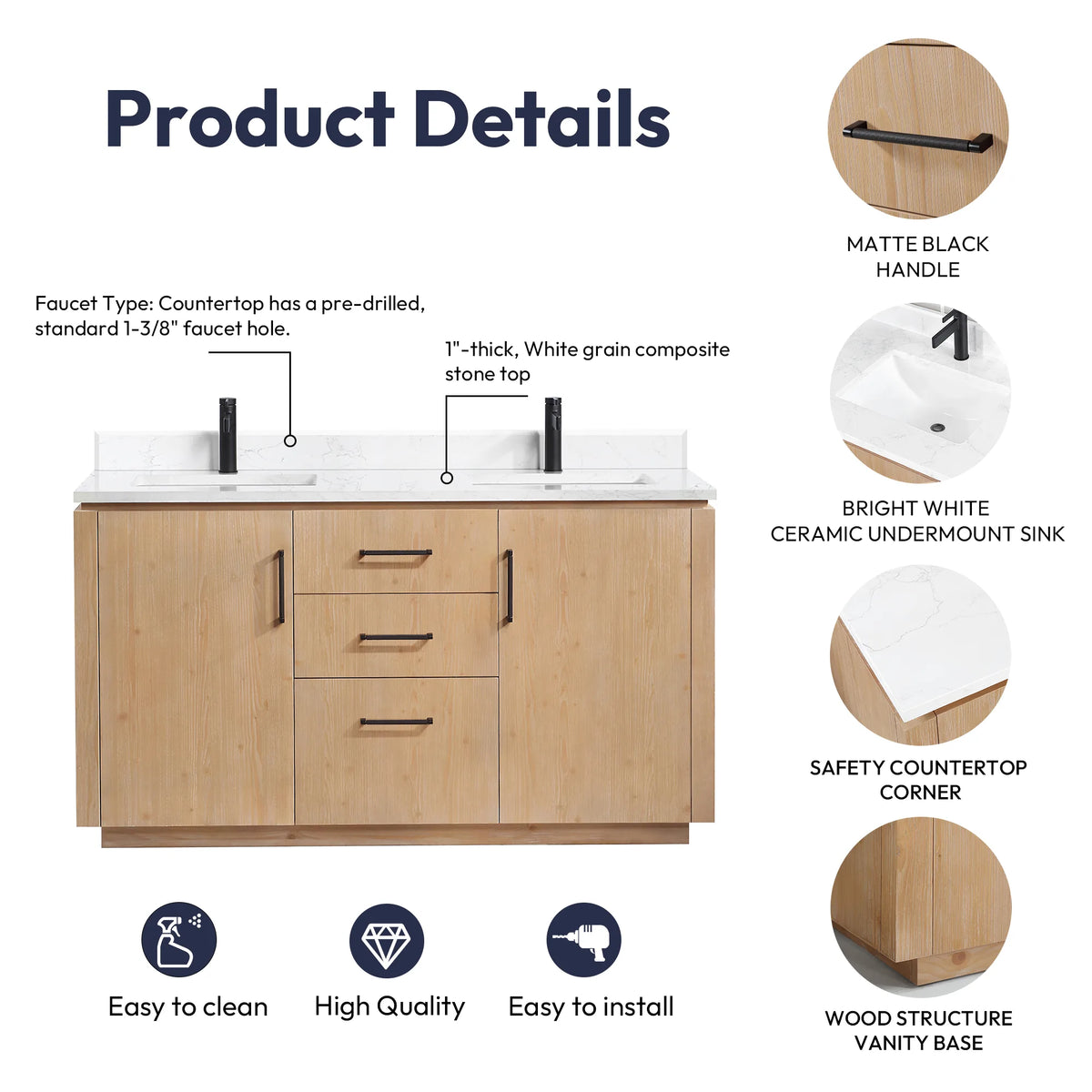Labeled product details view of the vanity with insets for handle, sink and stone top