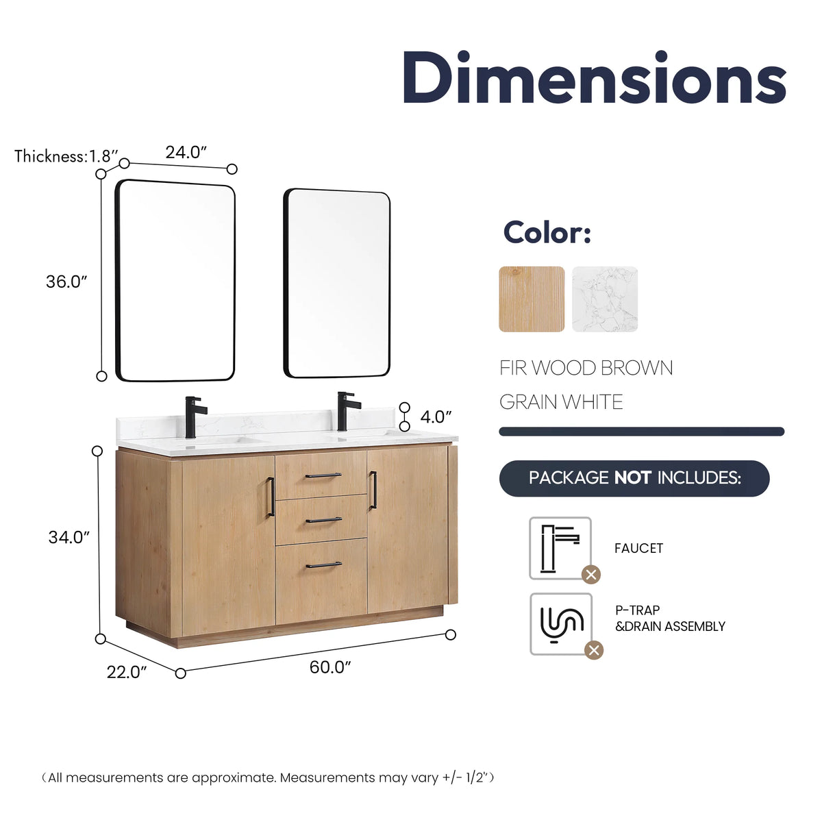 60 inch double vanity with its mirrors in a technical drawing marked for width, depth and height