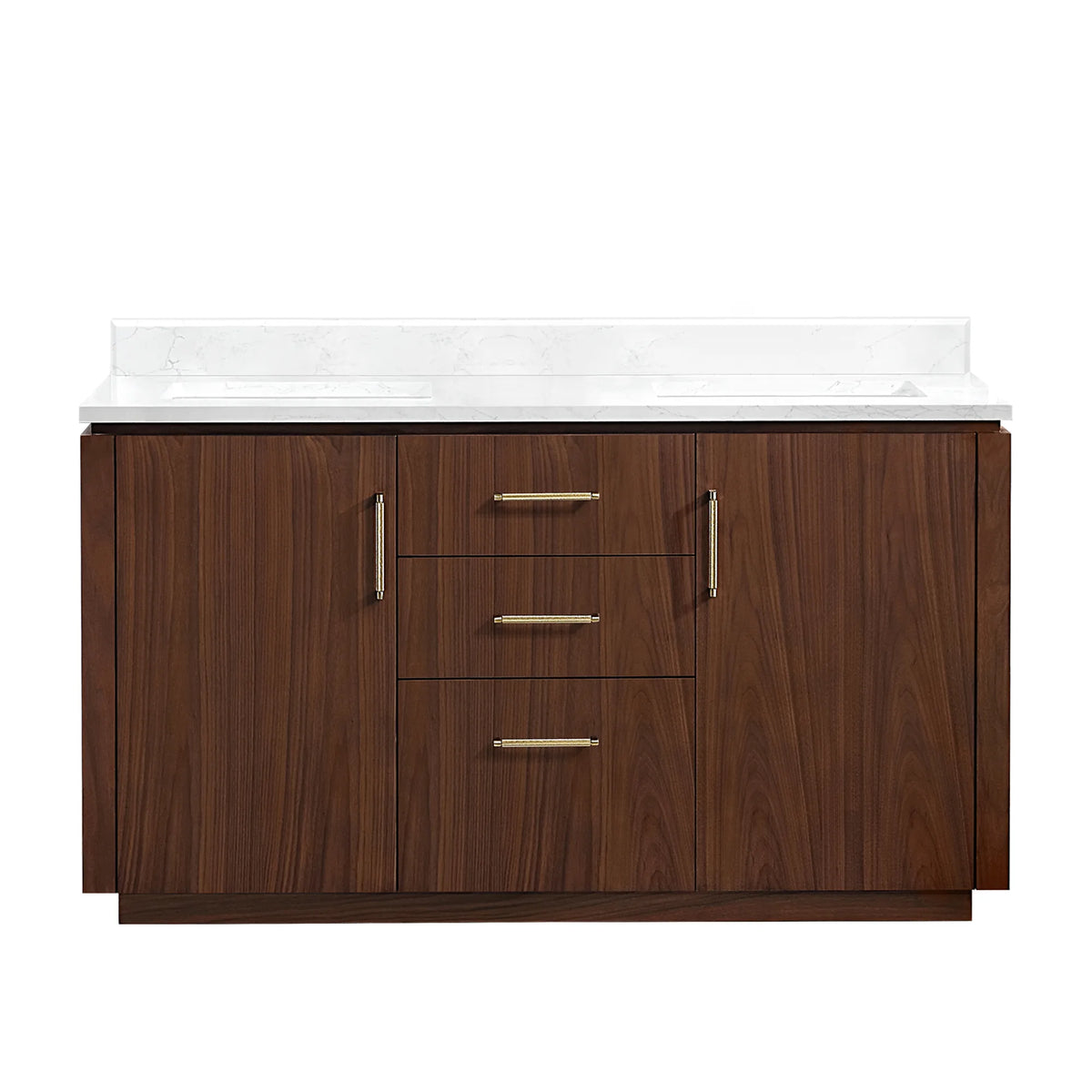 Front view of a 60 inch Natural Walnut double bathroom vanity with white grain composite stone top