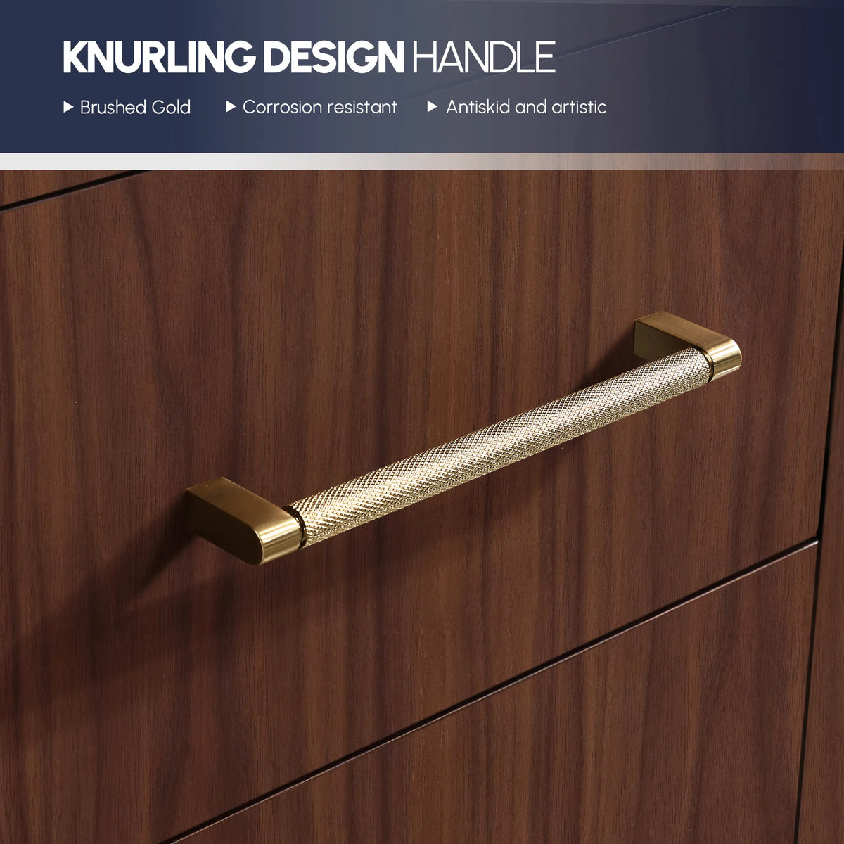 Knurled design handle callout: brushed gold handle on a Natural Walnut drawer