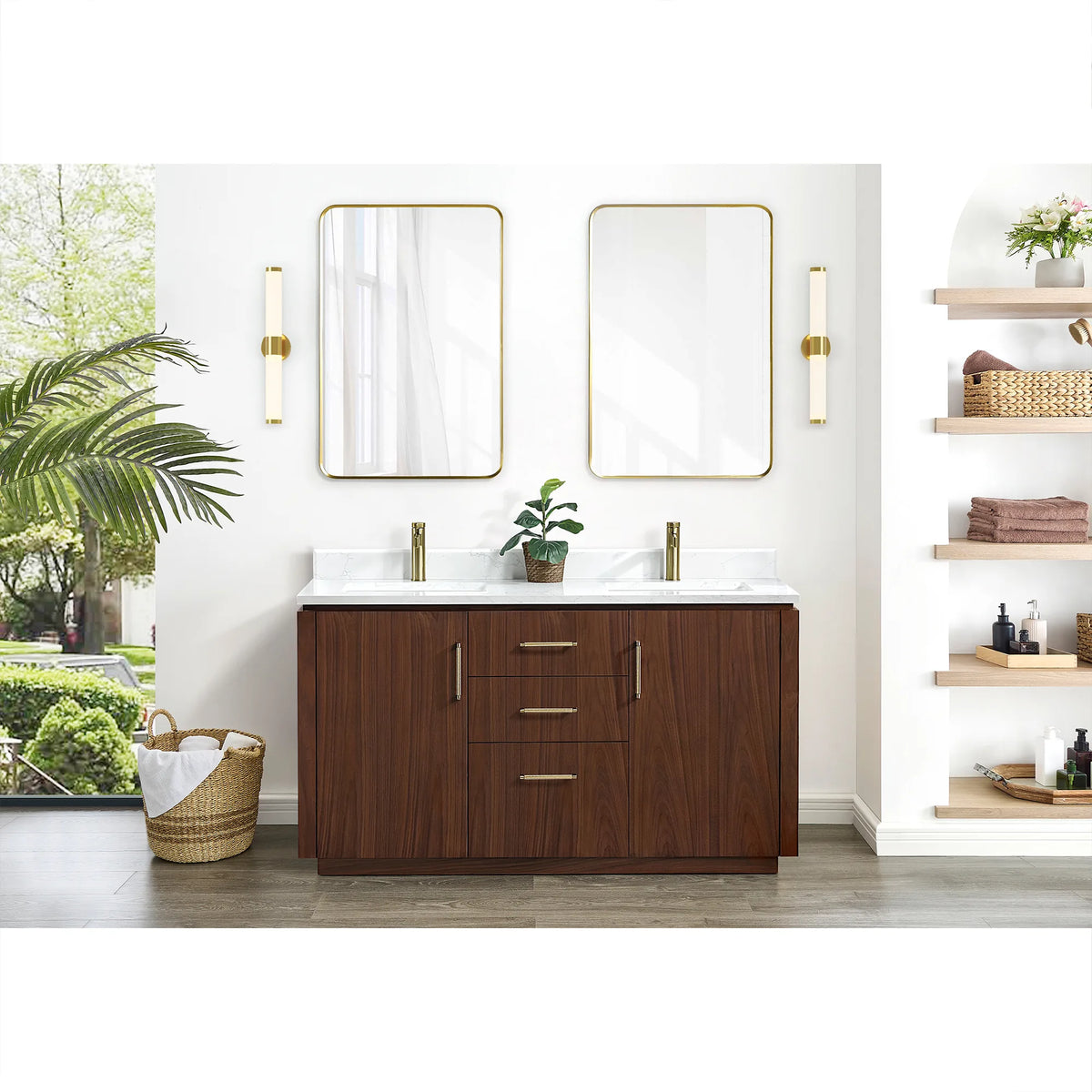 Room scene with a 60 inch vanity, two framed mirrors, wall lights, shelving and a woven basket