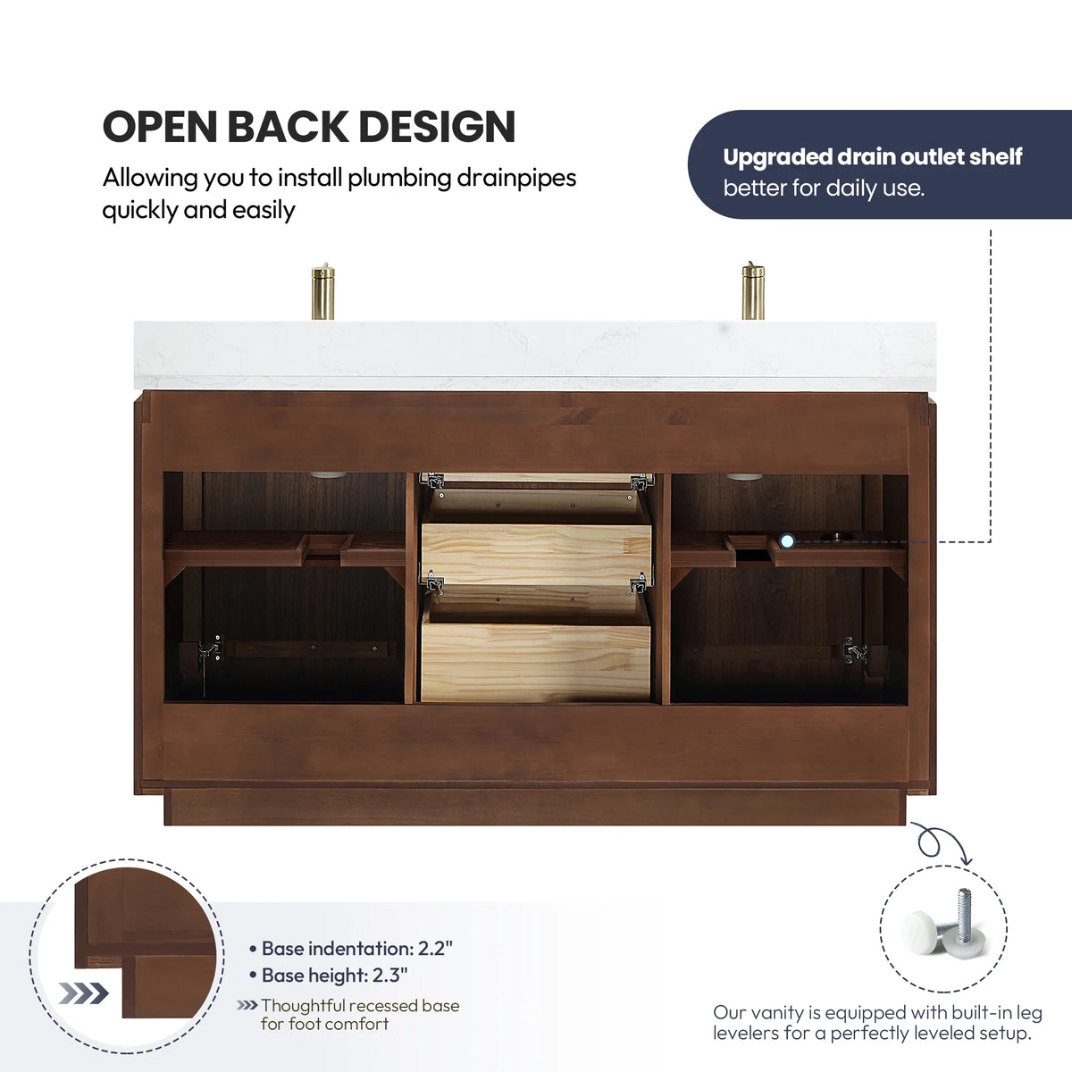 Open back design graphic of the double vanity cabinet with the back left open