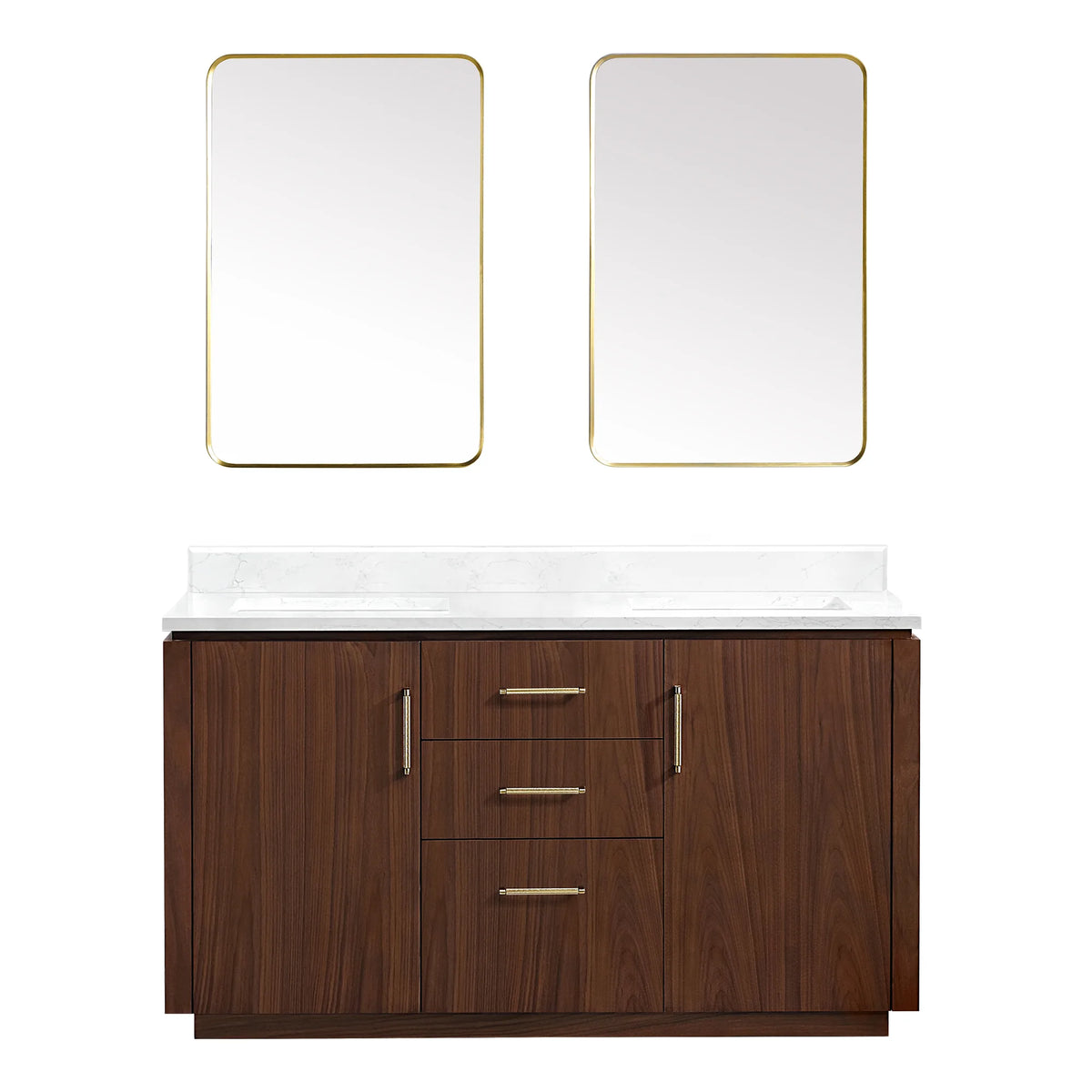 Front view of the 60 inch double vanity with mirrors, Natural Walnut finish, white background