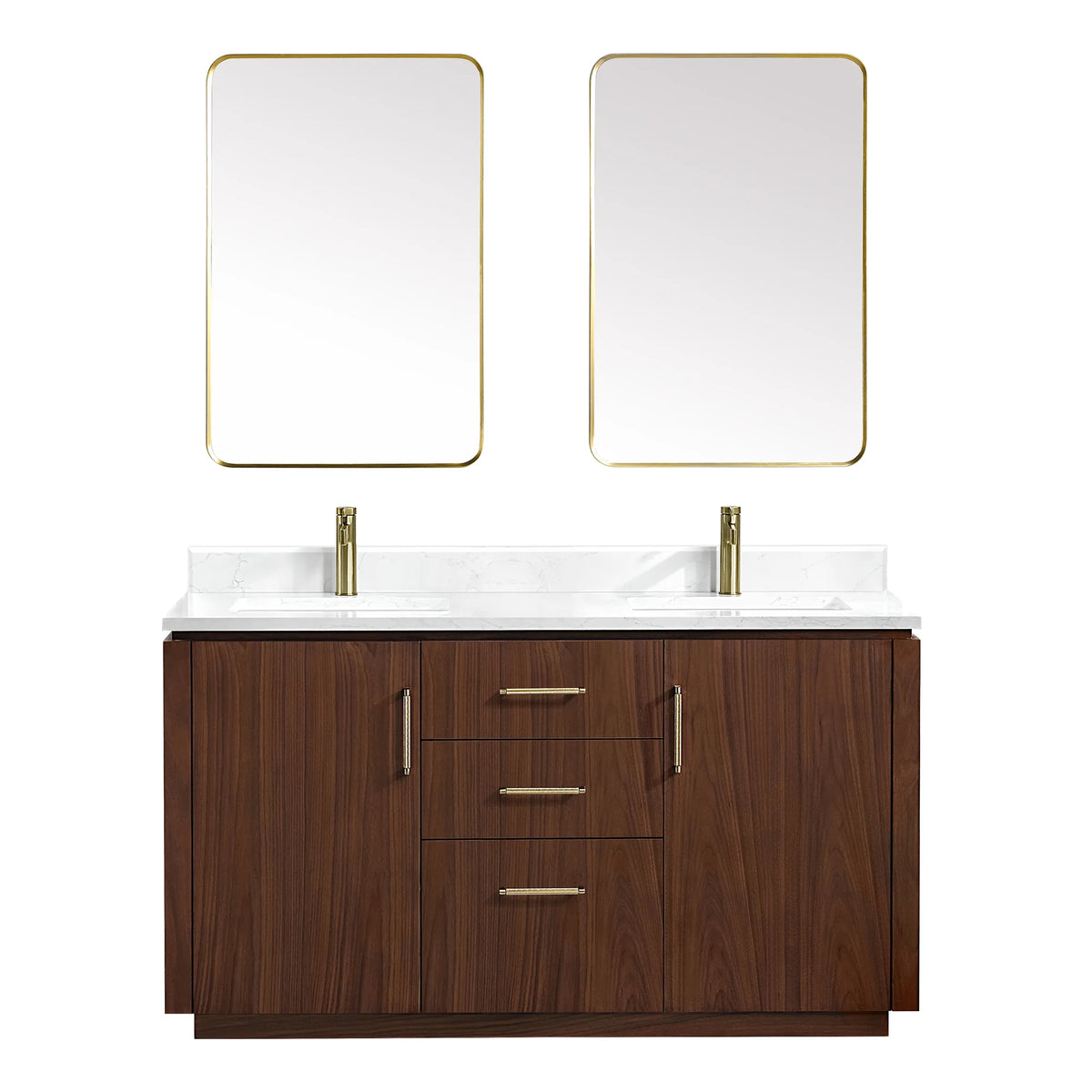 Studio view of the 60 inch double vanity with mirrors and a white grain composite stone top