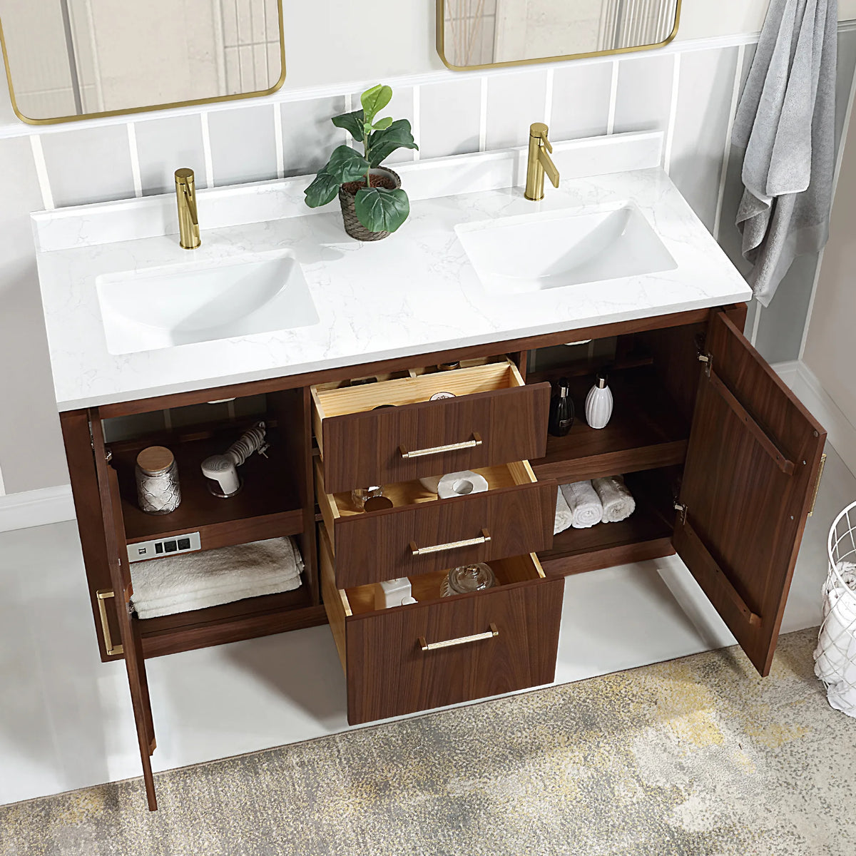 Interior view of the double vanity with the door open and the center drawers pulled out