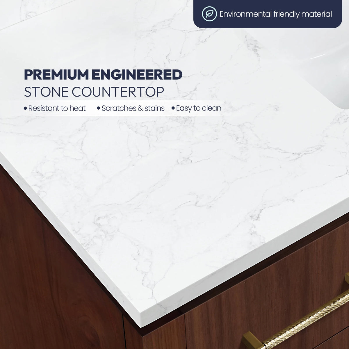 Engineered stone top callout: close view of veined white stone over walnut