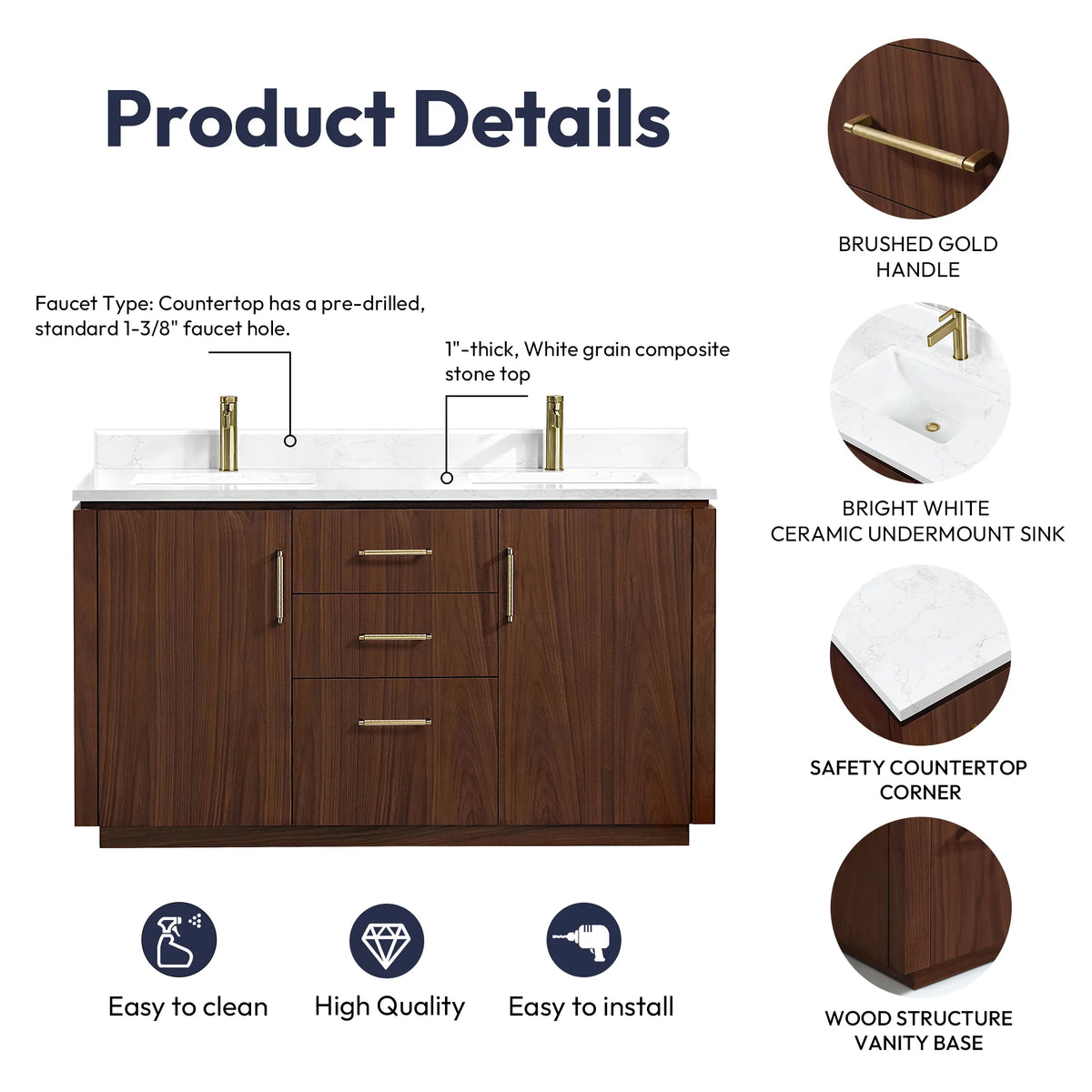 Details graphic for the 60 inch double vanity, close-ups of handle, sink, stone corner and base