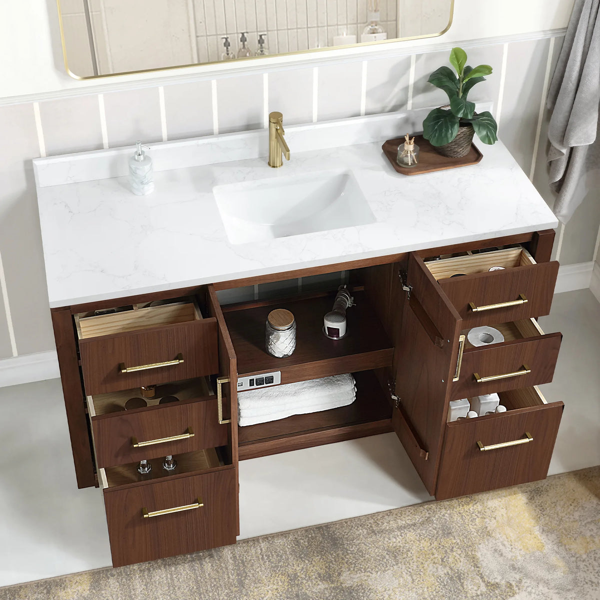 Open storage view of the 60 inch vanity: side drawers pulled out and the center open with towels inside